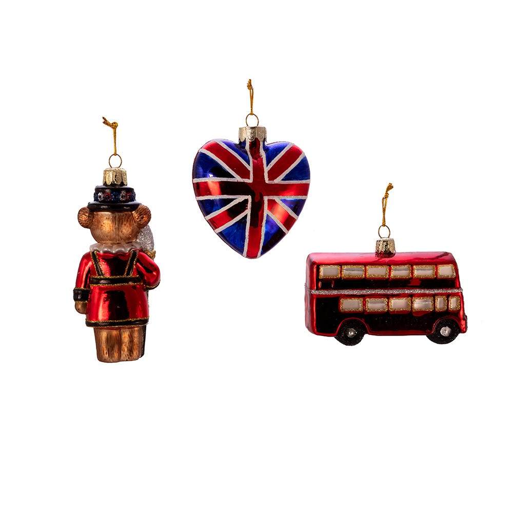 Kurt Adler 4.5-Inch Britain Inspired Glass Ornaments, Set of 3
